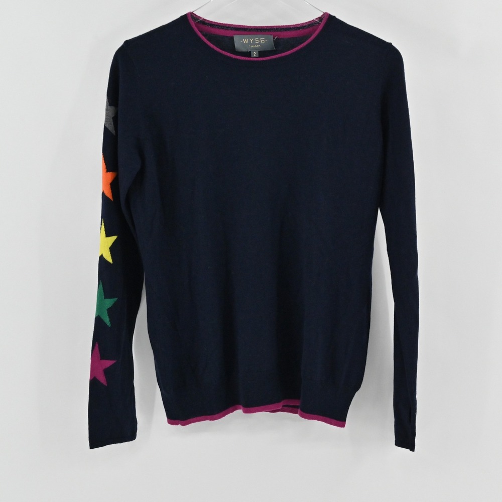 Wyse London Woolโ Sweater Womens Size 6 Navy Blue Rainbow Star Sleeve Kidcore